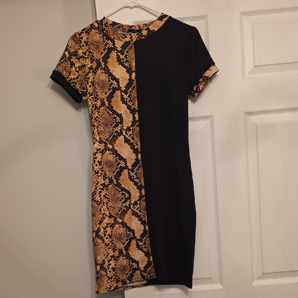 Jade Black and Tan Sheath Mini Dress with  Faux Cuffed Sleeves